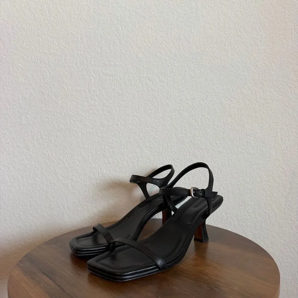 Vince Coco Leather Heeled Sandal Black Strappy Kitten Heel Square Toe Women’s 10